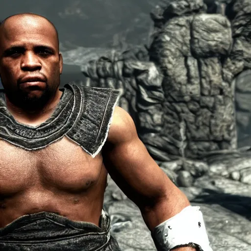 Prompt: character screenshot of ufc commentator daniel cormier dc in skyrim, warrior armor, npc talking, wilderness, 1 0 8 0 p, bokeh, elder scrolls v, detailed, dialog text