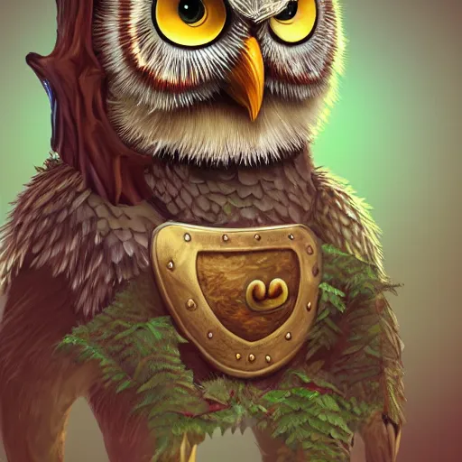 Image similar to A detailed, highly realistic anthropomorphic owl with a viking helmet and round shield standing in front of a tree, an anthropomorphic owl with a fluffy face wearing armor in front of a tree, digital art, ArtStation, Commission, Award Winning