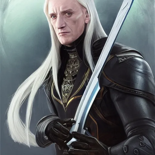 Image similar to Lucius Malfoy the genetically augmented super soldier with a long gleaming gunblade from league of legends, highly detailed, digital painting, artstation, concept art, smooth, sharp focus, illustration, ArtStation, art by artgerm and greg rutkowski and alphonse mucha and Edmund Blair Leighton and Charlie Bowater