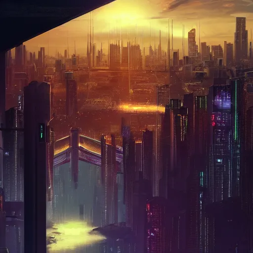 Image similar to a man standing on top of a bridge over a city, cyberpunk art by vincent lefevre, behance contest winner, altermodern, cityscape, synthwave, matte painting