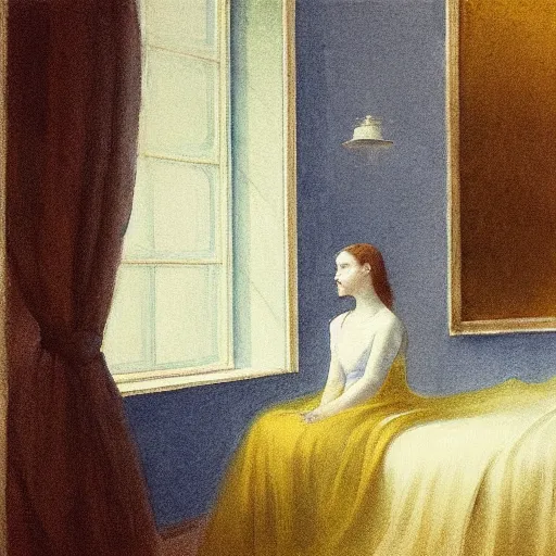 Prompt: close up of a girl in a blue and gold haunted liminal abandoned room, watercolor by canova, by hammershøi, art noveau, highly detailed, lights by edward hopper, liminal, eerie, bright pastel colors