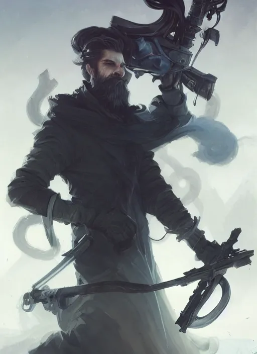 Prompt: low angle picture of a weapon master, holding a ego weapons to the camera, long black jacket, neat white beard and hair, bored, tired, ego weapons all over the place, smoking with squat down pose, highly detailed face, deep eyes, intricate, masterpiece, epic fantasy illustrations by peter mohrbacher and anato finnstark and jeremy lipking