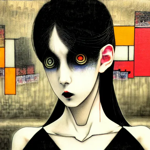 Image similar to yoshitaka amano blurred and dreamy realistic three quarter angle portrait of a young woman with black lipstick and black eyes wearing dress suit with tie, junji ito abstract patterns in the background, satoshi kon anime, noisy film grain effect, highly detailed, renaissance oil painting, weird portrait angle, blurred lost edges