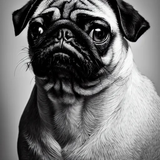 Image similar to portrait of a pug with an emo haircut, intricate detail, high contrast, studio photo, well lit,