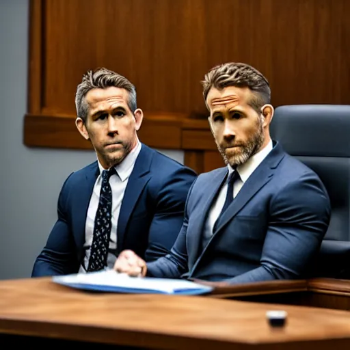 Image similar to ryan reynolds on trial sitting beside his lawyer in a courtroom, highly detailed, extremely high quality, hd, 4 k, 8 k, professional photographer, 4 0 mp, lifelike, top - rated, award winning, realistic, detailed lighting, detailed shadows, sharp, no blur, edited, corrected, trending