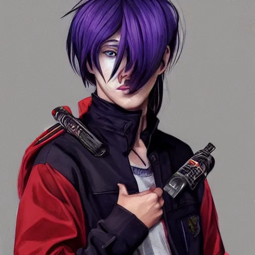 Image similar to teenager boy with straight indigo hair, purple eyes with red eye markers, slim body, wearing japanese combat clothes, black and red details. modern, realistic, looking at the camera, enjoying life!!! elegant, highly detailed, digital painting, artstation, concept art, matte, sharp focus, illustration, art by artgerm and greg rutkowski and alphonse mucha