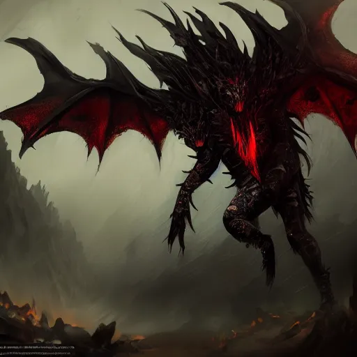 Image similar to dark fantasy concept of a vampire dragon god, with dark matter and molten armor on a mountain, cinematic, dynamic lighting, photorealistic, ultra detailed, trending on art station, stunning visuals, creative, hyper detailed