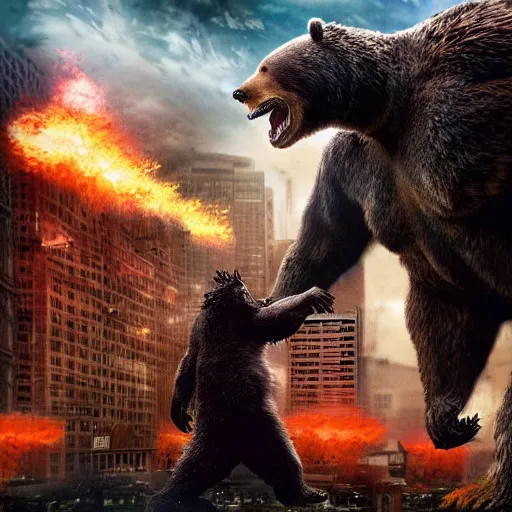 Prompt: a giant angry bear fighting with giant godzilla in the city, photomanipulation, photoshop, digital art, movie poster that says bear vs. godzilla
