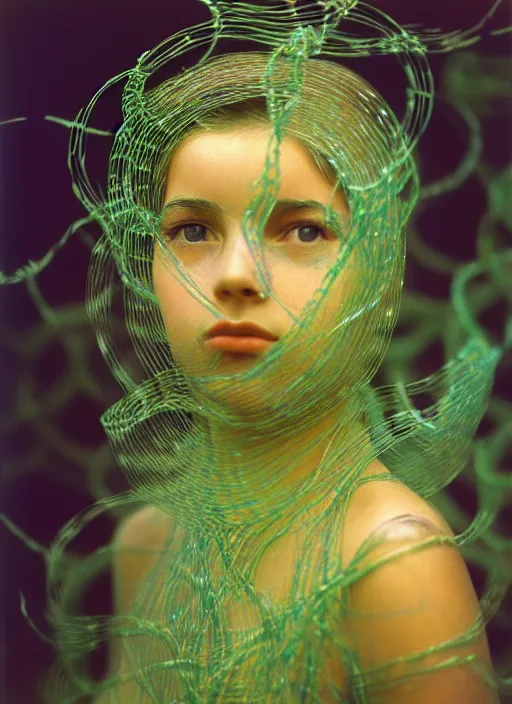 Prompt: realistic photo of a a blurred face of a girl, covered in iridescent plastic vines 1 9 6 0, life magazine photo, natural colors, metropolitan museum, kodak, 8 k, very detailed, high resolution, product photo,