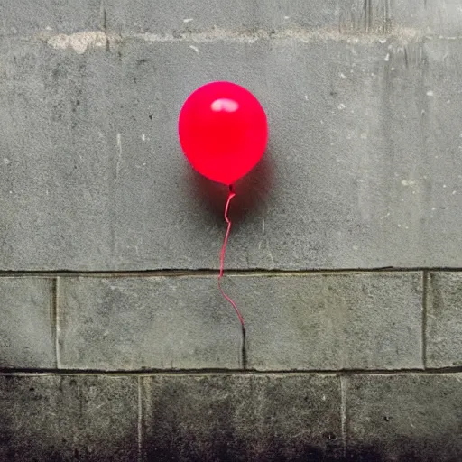 Image similar to down in the sewers of london, dark damp atmosphere, water dripping from the moss covered ceiling, a sinister dark figure is standing at the end of the sewer, a single red balloon with a string attached is floating above the water