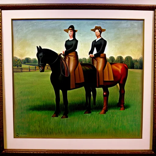 Image similar to an original painting of american gothic replaced with horses, a couple riding a horse, by grant wood