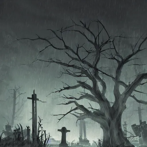 Prompt: a lonely fallout graveyard at night, the moon shine is falling on a specific grave with a sakura tree beneath it, its raining and the atmosphere is oppressive, by aleksandra waliszewska and aoi ogata, high detail concept art, cinematic atmosphere