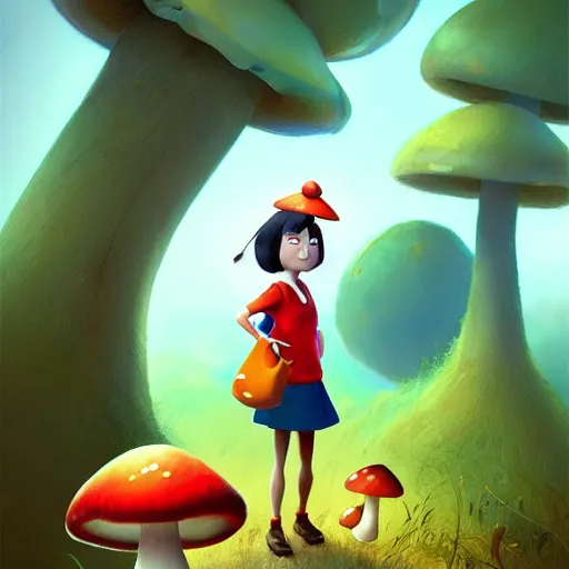 Image similar to goro fujita ilustration a cheerful girl collecting mushrooms in the forest, characterized by blackshear thomas, character art, sharp focus, highly detailed, artstation