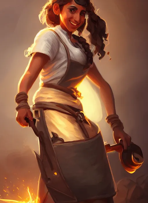 Image similar to a highly detailed illustration of naomi scott as kind blacksmith woman wearing apron, dramatic smile pose, intricate, elegant, highly detailed, centered, digital painting, artstation, concept art, smooth, sharp focus, league of legends concept art, wlop.