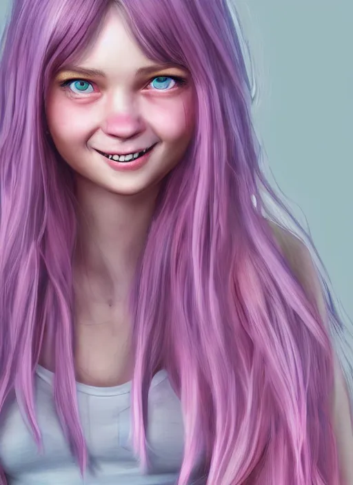 Prompt: highly detailed concept art for the main character in the award winning film named life is better in pink. the character is a unnaturally beautiful teenage girl with deep dark blue eyes, big cute smile, long curled pink dyed hair, wearing light pink clothes. realistic cg render, anatomically correct, high key lighting, trending on art station, vibrant colors.