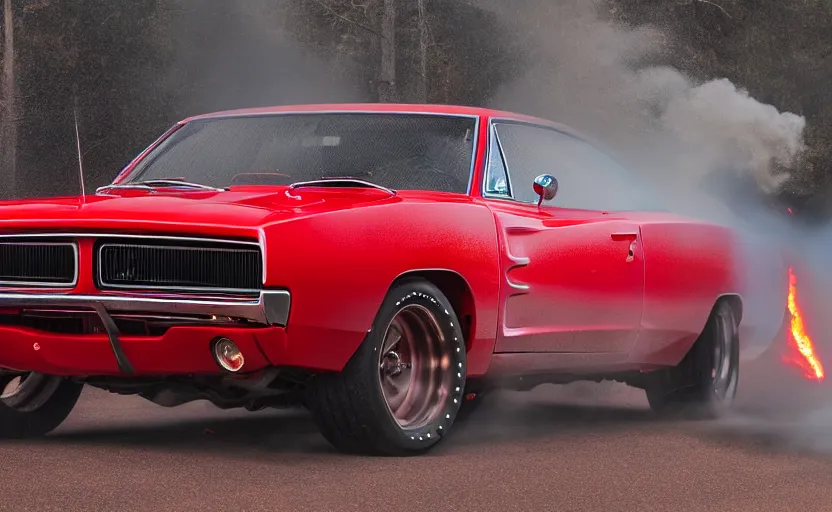 Image similar to a red 1 9 6 8 dodge charger r / tdriving high speed, fire explosion in the background, action scen. realistic. high resolution. dramatic