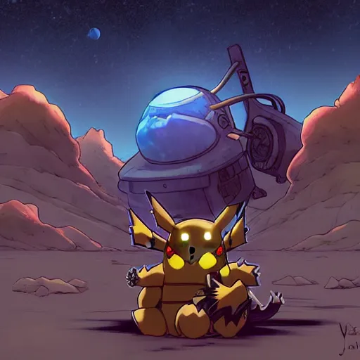 Prompt: a cell shaded cartoon lovecraftian pikachu mechanized demon gundam, on a desert road, wide shot, in front of a big moon, muted colors, post grunge, josan gonzales, wlop, by james jean, victor ngai, hq, deviantart, art by artgem