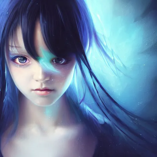 Image similar to advanced digital portrait painting photograph, a anime girl traversing liminal space, full body, very long black hair, azure blue watery eyes, full round face, cinematic lighting, medium shot, mid-shot, highly detailed, trending on artstation, Unreal Engine 4k, Stanley Artgerm Lau, WLOP, Rossdraws, James Jean, Andrei Riabovitchev, Marc Simonetti, and Sakimichan