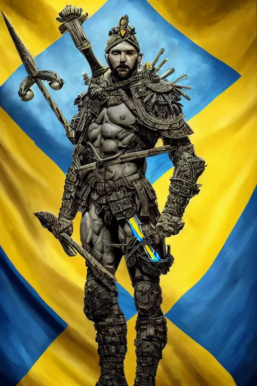 Prompt: a distant shot from below of a Ukrainian super soldier with blue and yellow flag behind him and a trident symbol on the chest standing alone on a huge pile of skulls posing as a winner, masculine muscular figure, D&D, fantasy, intricate, elegant, highly detailed, extremely detailed, digital painting, artstation, concept art, matte, smooth, hyper realistic, sharp focus, illustration, art by Artgerm and Greg Rutkowski and Alphonse Mucha