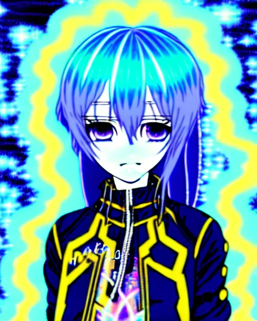 Prompt: a hologram of rimuru tempest, sky blue hair, golden yellow eyes, wearing black stylish clothing, holography, irridescent, baroque rococo visual kei decora art