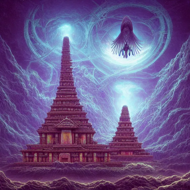 Image similar to mysterious ancient dieties hovering over magical temple, infinite quantum waves, synthwave, highly detailed by ernst steiner