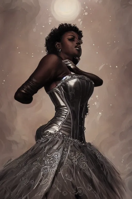 Prompt: cute black woman wearing a silver chrome corset dress, fantasy, intricate, highly detailed, digital painting, artstation, concept art, wallpaper, smooth, sharp focus, illustration, swirling energy, art by artgerm and greg rutkowski and alphonse mucha