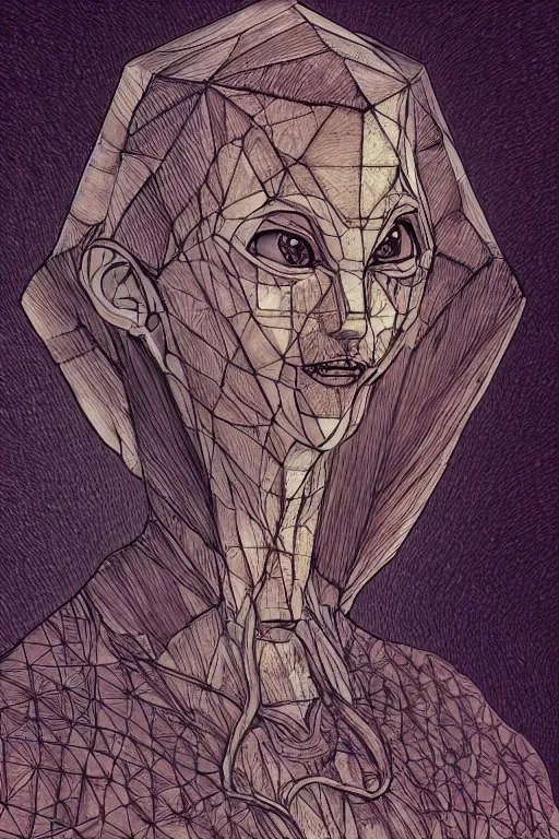 Image similar to portrait of triangular mothfolk woman head and shoulders, in the style of Greg Broadmore and junji ito and Arthur Rackham and Moebius, trending on artstation, light lighting side view,digital art,surrealism ,macro,blueprint ,vaporwave ,