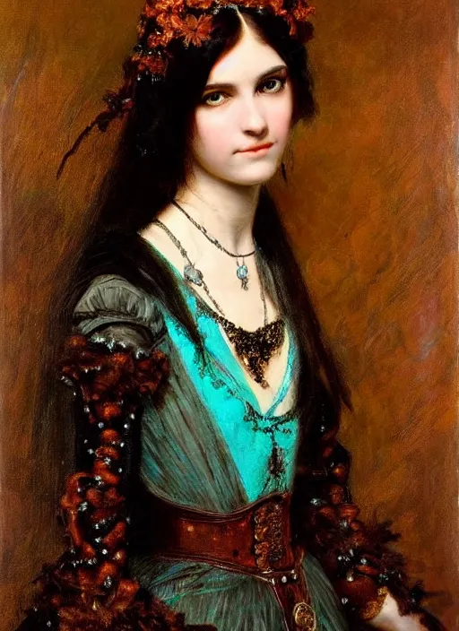 Image similar to ( ( gothic # ) ) princess portrait *. *. by william henry hunt * *, highly detailded, turquoise rust, steampunk