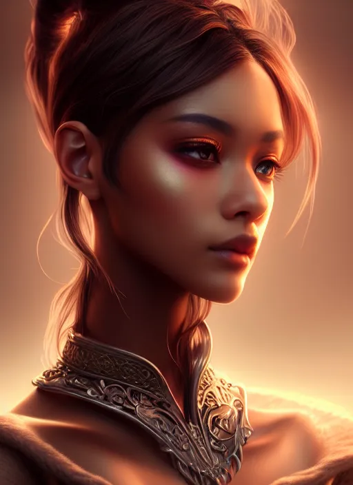 Prompt: portrait of bard model, sharp focus, octane render, brown skin, realistic render, ffxi, rpg, detailed, beautiful, unreal engine, symmetrical!!, maybelline, sephora, loreal, artstation, art by artgerm, rossdraws, art by karol bak, makeup, cinematic, concept art, filmic, vsco