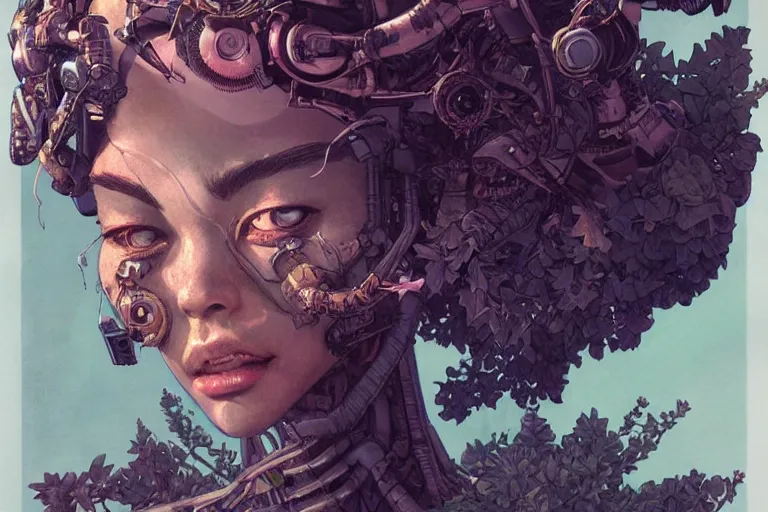 Image similar to gigantic robot - girl head floating in the space, a lot of exotic plants, trees, flowers, oldschool vintage sci - fi flat surreal grainy design, super - detailed, painting by kim jung gi, hd, 4 k, high quality