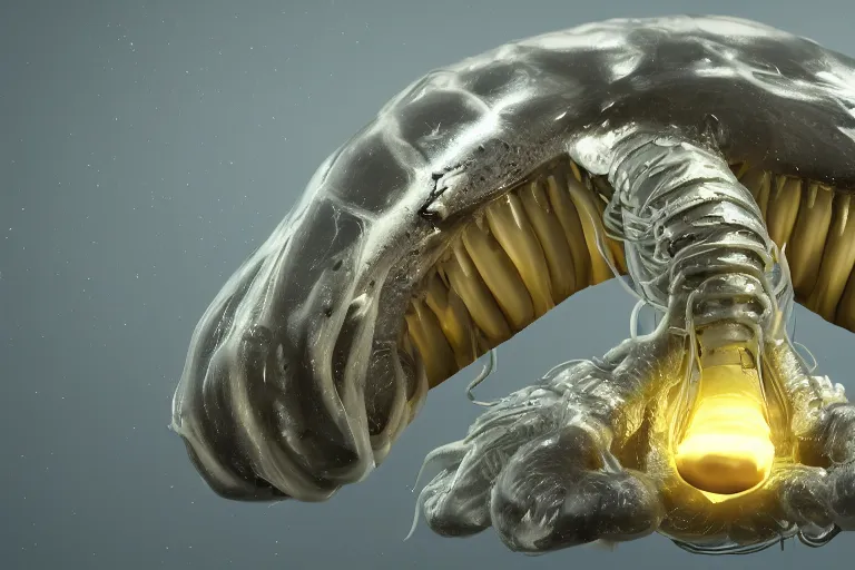 Prompt: a white grub with big scary mandibles and a glowing lightbulb tail, high resolution film still, HDR color, 8k