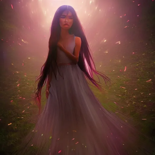 Prompt: a thin, pretty young Filipino woman with long hair floats dramatically in the air in a dreamy world in the distance, her face is shaded, very beautiful, inspiring, dramatic lighting, abstract digital art, trending on artstation