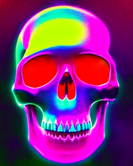 Image similar to glow, chromatic aberration, prismatic, skull, cinematic, retro, vintage, cool, unique, interesting, original, vhs quality, adult swim