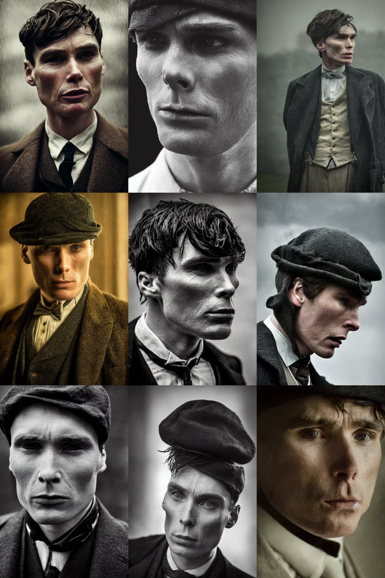 Prompt: portrait Cillian Murphy in Peaky Blinders pain, suffering, doom cry of pain beautiful face, Perfect detailed face, front view dramatic, gloomy, dark, bleak, cheerless, desolate, impressive, tragic, cinematic dull colours, dark colour scheme, atmospheric by Christopher Nolan