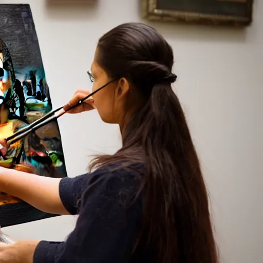 Image similar to A woman that looks like Mona Lisa is painting a portrait of Lenoardo da Vinci in a workshop