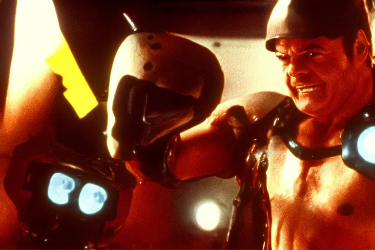 Prompt: Jack Nicholson plays Pikachu Terminator scene where his inner exoskeleton is visible and his eye glows red, still from the film