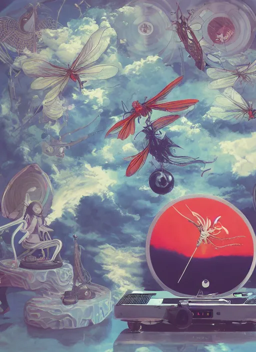 Image similar to surreal gouache painting, by yoshitaka amano, by ruan jia, by Conrad roset, by good smile company, detailed anime 3d render of a Magical flying Vinyl records , DJ Mixer, deck surrounded by Dragonfly,flying Vinyl records, controller, portrait, cgsociety, artstation, rococo mechanical and Digital and electronic, dieselpunk atmosphere