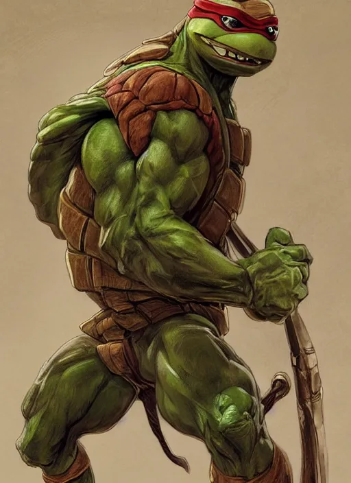 Image similar to elegant renaissance concept art of a male young muscular teenage mutant ninja turtle 1 9 9 0 film, full figure dynamic fighting pose, fantasy, intricate, highly detailed, digital painting, artstation, smooth, sharp focus, illustration, art by artgerm and greg rutkowski and alphonse mucha