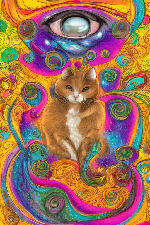 Image similar to Recursive image with a well rounded Calico feline, large eyes, shiny soft fur, anatomically correct, surrounded by swirling wisps of jelly, oil pastels and gold, anime, cartoon, in the style of Victo Ngai, modeled in Poser, Redshift render, UHD