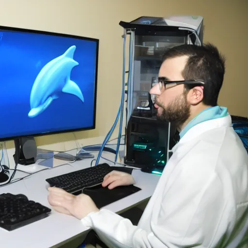 Image similar to A dolphin wearing a chemist outfit playing games on a computer