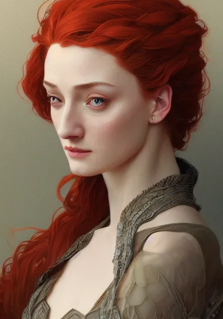 Image similar to portrait of red sansa stark, intricate, elegant, highly detailed, digital painting, artstation, concept art, smooth, sharp focus, illustration, art by artgerm and greg rutkowski and alphonse mucha and william - adolphe bouguereau