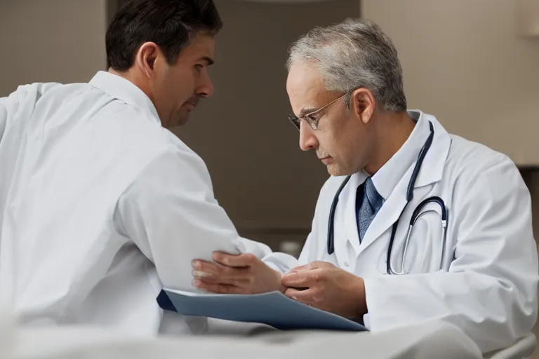 Image similar to a cinematic shot of an doctor reading his notes, talking to a patient, moody lighting, action, movie still, shallow depth of field, muted colors