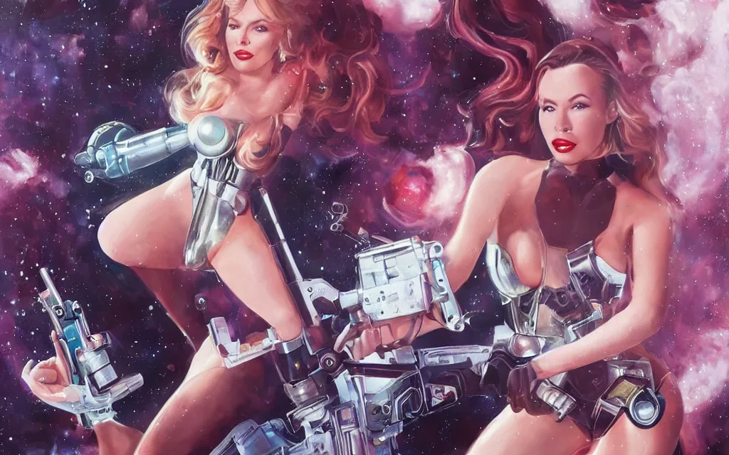 Image similar to kylie minogue as barbarella. floating through an airlock, holding a raygun. soft lighting. glamorous. sophisticated. hyper detailed painting. trending on artstation. cinematic.