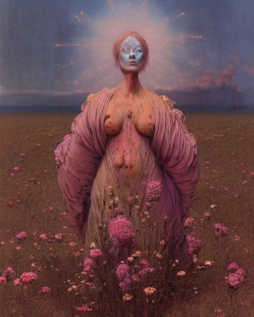 Image similar to A portrait of a woman wearing clothes made out of dying flowers, nuclear explosion in the background, Masterpiece, blue skin, glowing, wires everywhere, by Edgar Maxence and Ross Tran, Zdzisław Beksiński, and Michael Whelan, distant, gustav dore, H.R. Giger, 8k, octane render