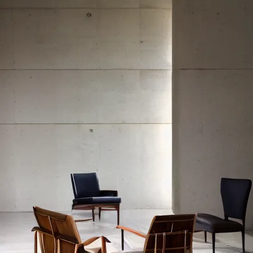 Image similar to midcentury modern wooden chair in the style of mies van der rough high end photoshoot