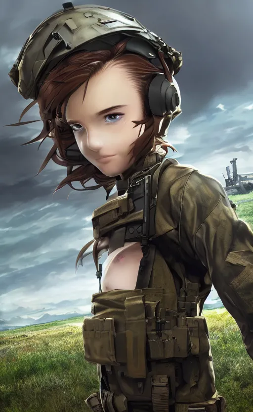 Image similar to brown hair girl, trading card front, future soldier clothing, future combat gear, realistic anatomy, concept art, professional, by ufotable anime studio, green screen, volumetric lights, stunning, military camp in the background, metal hard surfaces, focus on generate the face, tanny skin, sonic boom, realistic airplane