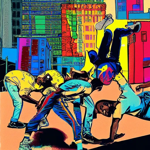 Image similar to four breakdancers battling in the bronx in 1984, by Andy Warhol, gritty, energetic, hyperrealistic, intricate, Moody lightning, trending on artstation