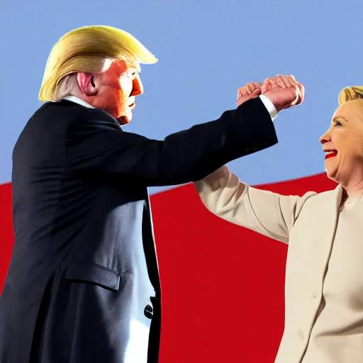 Image similar to donald trump fistfighting hillary clinton, cinematic