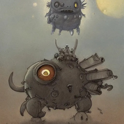 Prompt: ( ( ( ( ( grey lovecraftian mechanized pikachu demon from howl's moving castle ( 2 0 0 4 ), with a big head, on a desert road, wide shot, in front of a big moon. muted colors ) ) ) ) ) by jean - baptiste monge!!!