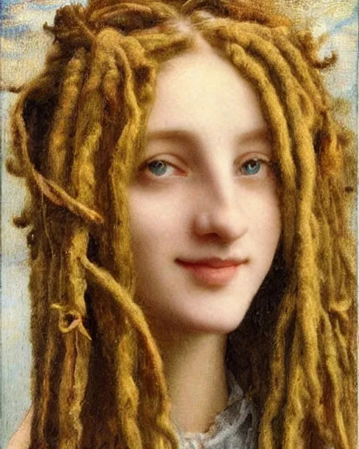 Prompt: Pre-Raphaelite Beautiful girl with dreadlocks smiling